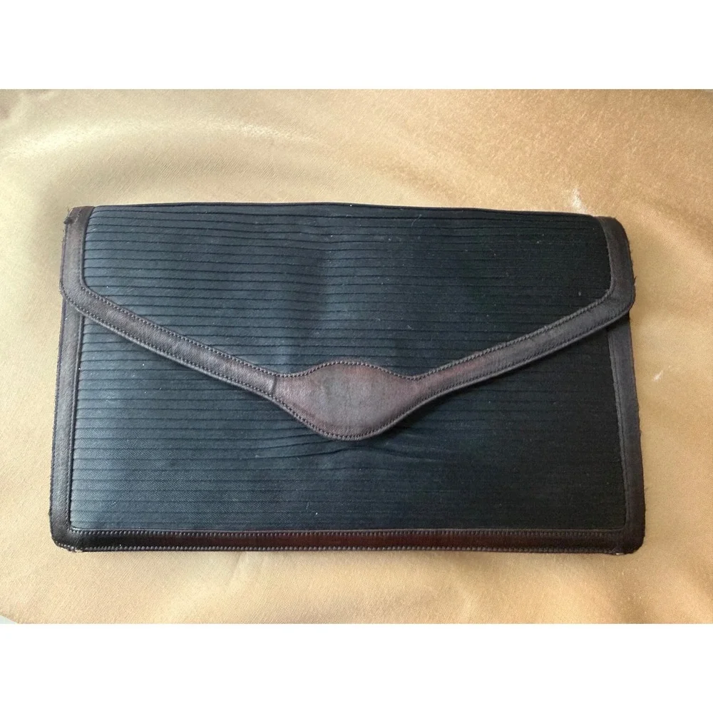 Lederer de Paris Vintage Black Pleated Silk Envelope Clutch Brown Leather Trim